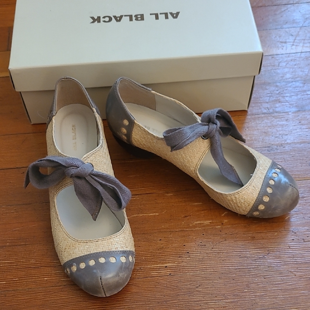 Gray and Cream Heels with Bow and Stud Accents